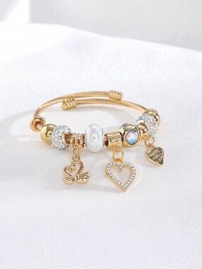 Private Label Gold-Tone Charm Bracelet with White Pearl & Crystal Accents
